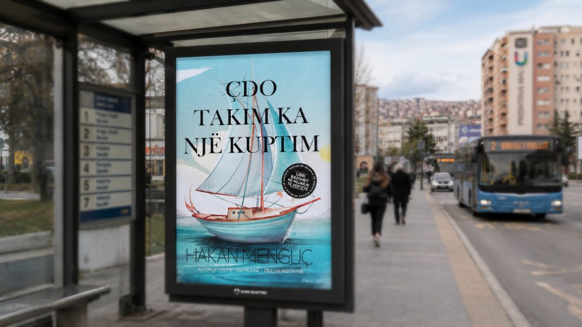 Albanian promotion for Hakan Mengüç’s book Çdo takim ka një kuptim at a city bus stop